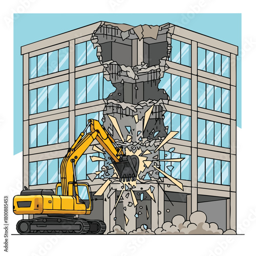 A powerful yellow excavator actively demolishes a large, multi-story commercial building, creating a cloud of dust and debris during the urban reconstruction process.