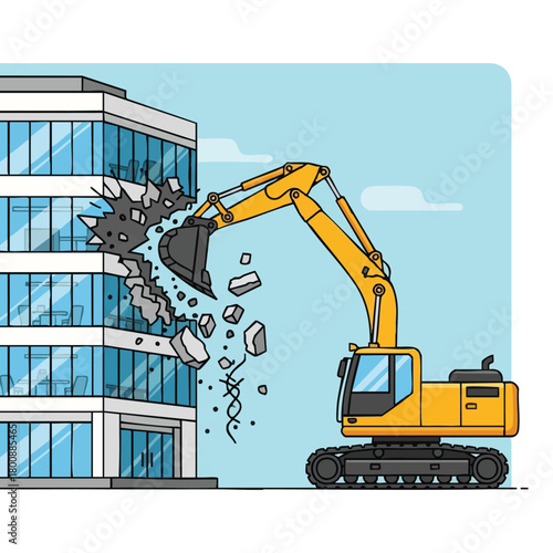 A powerful yellow excavator with a large bucket is actively demolishing a modern glass office building, creating a scene of destruction and urban renewal.