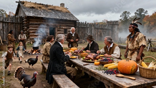 Historical reenactment of the first Thanksgiving: Pilgrims and Native Americans gather for an autumn feast at colonial settlement. Authentic costumes, traditional food, outdoor celebration