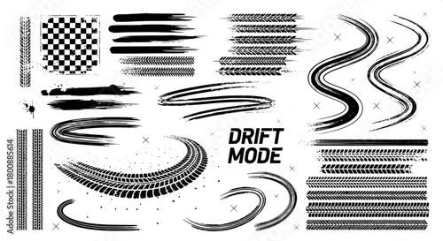 Dynamic collection of diverse tire track patterns, gritty grunge brush strokes, and impactful skid marks, perfect for racing-themed designs and automotive graphics projects