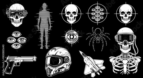 Futuristic black and white graphic set with cyberpunk skulls, military icons, and surveillance symbols for a dystopian design