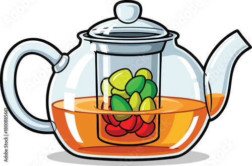 Transparent Glass Teapot With Infuser Filled With Red Green Yellow Tea Leaves and Orange Brewed Tea Liquid