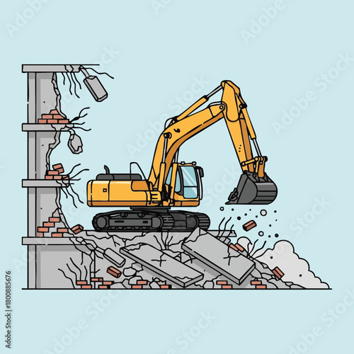 A powerful yellow excavator actively demolishes a crumbling concrete building, creating a dynamic scene of urban destruction and construction site activity.