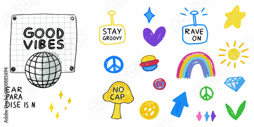 Collection of positive and fun hand drawn doodles including good vibes disco ball rainbow and peace signs