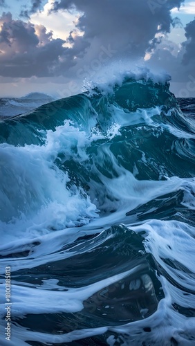 Fototapeta Naklejka Na Ścianę i Meble -  A close-up view of a large, foamy ocean wave cresting under a cloudy sky. The wave is turquoise and white
