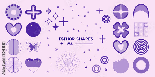 Collection of purple abstract shapes and icons on a light purple background with text esthor shapes url