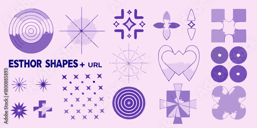 Collection of abstract geometric shapes and symbols in purple hues with textured grunge effect