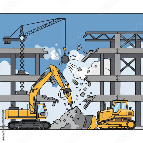 Heavy construction machinery, including a wrecking ball, excavator, and bulldozer, actively demolishes a concrete building on an urban site.