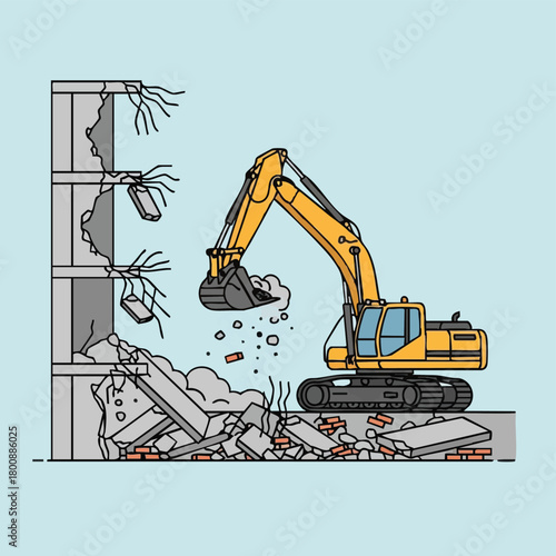 A powerful yellow excavator actively demolishes a concrete building, creating a pile of rubble and debris during a construction site operation.