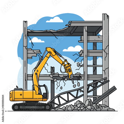 A yellow excavator with a hydraulic hammer actively demolishes a concrete building, illustrating urban deconstruction, renewal, and site preparation.