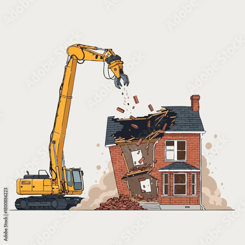 A powerful yellow excavator with a hydraulic claw actively demolishes an old red brick house, sending debris and dust flying during the intense construction process.