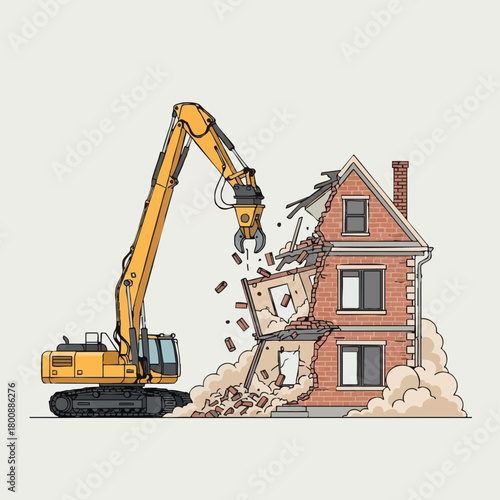 A powerful yellow excavator with a hydraulic claw systematically demolishes an old red brick house, creating a cloud of dust and debris during renovation.