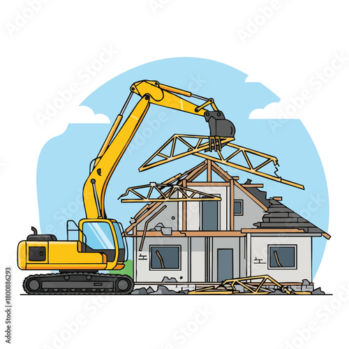 A powerful yellow excavator is actively engaged in the systematic demolition of a residential house, carefully tearing down its roof and walls.