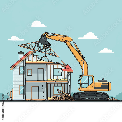 An industrial excavator with a powerful hydraulic arm is actively demolishing a residential house, tearing down its roof and walls for reconstruction or removal.