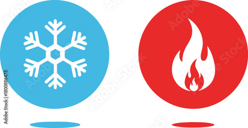 Blue Circle Snowflake and Red Circle Flame Icon Set on White Background