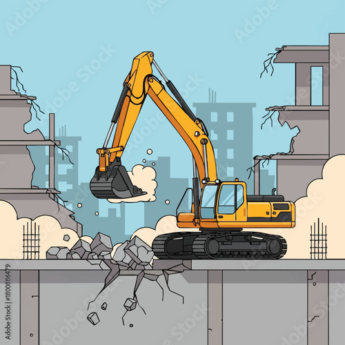 A powerful yellow excavator actively demolishes a dilapidated concrete building, creating dust and rubble in an urban construction zone.