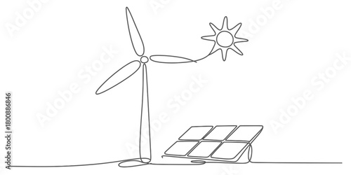 Single continuous line drawing of a wind turbine, solar panels, and a stylized sun, symbolizing renewable green energy production. 