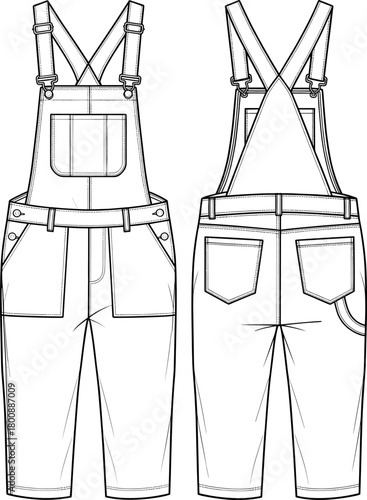 Fashion technical drawing of stylish denim overalls with front bib pocket, adjustable straps, detailed stitching, back pockets, and cropped pant design illustration