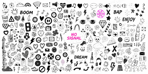 Collection of hand drawn doodle icons and symbols featuring words like boom dream and no signal
