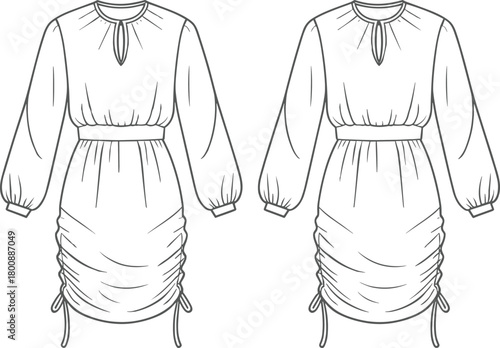 Fashion women ruched dress flat sketch, elegant long sleeve mini dress with waistband and drawstring hem, front and back vector template illustration