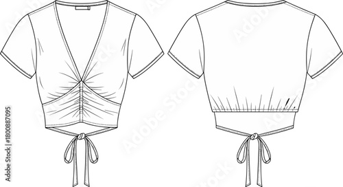 Fashionable ruched crop top technical sketch with front and back views, short sleeves, wrap tie detail, trendy apparel design illustration for templates