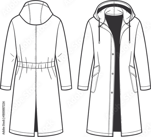 Long hooded coat flat fashion sketch, front and back technical drawing, casual outerwear design template, stylish raincoat vector illustration, apparel design