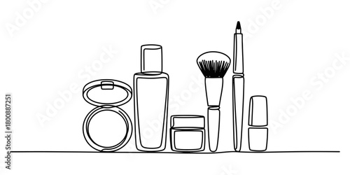 Continuous line drawing of a set of essential beauty and makeup products for daily routine and self-care on a clean background.