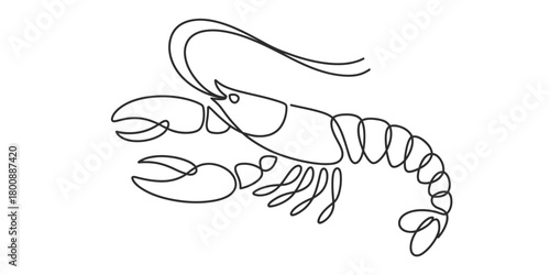Continuous line art drawing of a stylized lobster or crayfish, isolated on a white background, minimal seafood design illustration.