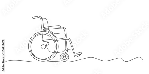 Continuous one line art drawing of a modern wheelchair, symbolising mobility, accessibility, healthcare, support for disability and care services.