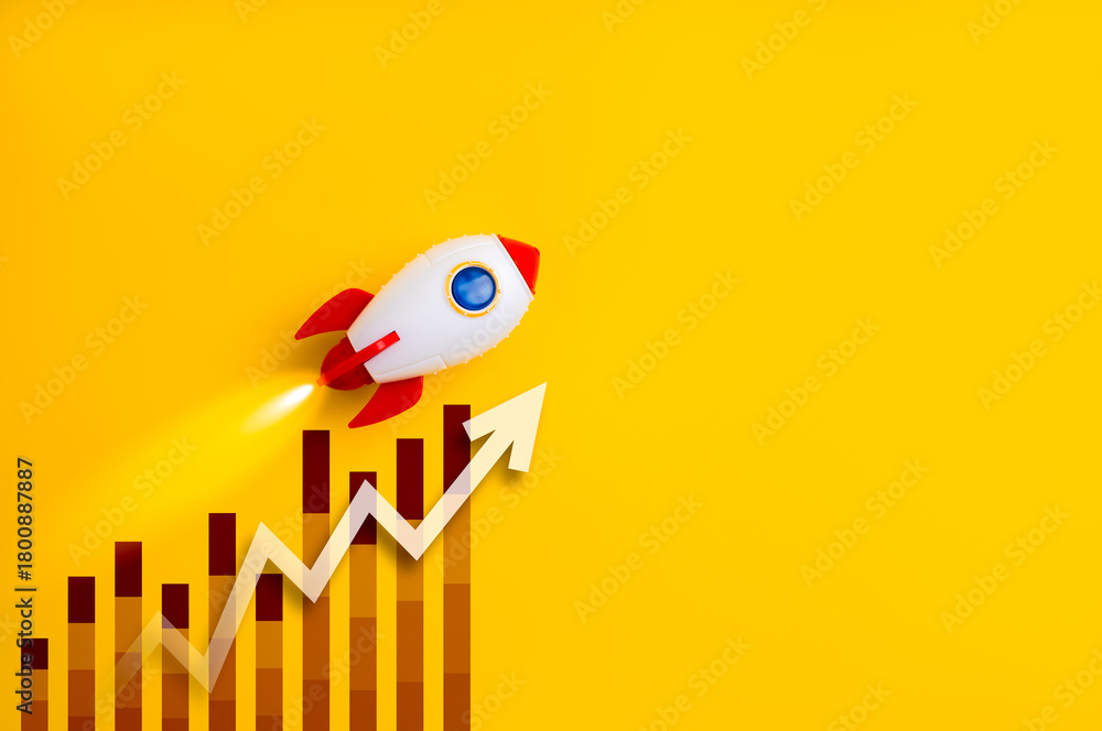 Fototapeta premium Minimal toy rocket launching over rising bar graph with growing arrow. Concept of business growth, startup success, scaling strategy, financial increase, innovation, and performance acceleration.