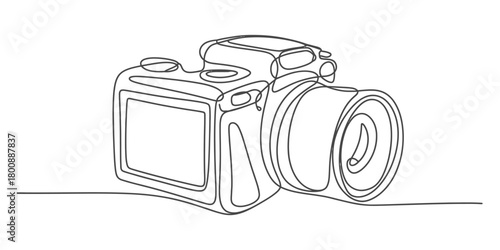 Continuous line drawing of a professional digital single-lens reflex camera, minimalist vector illustration capturing photography and media.