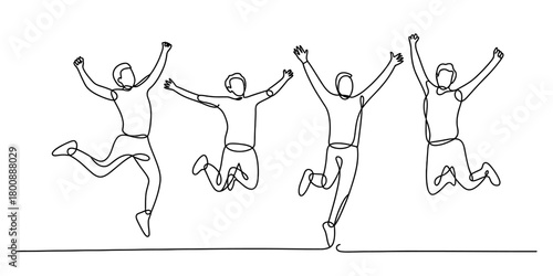 Continuous line drawing of four happy jumping people celebrating success, teamwork, and achievement with arms raised in joy.