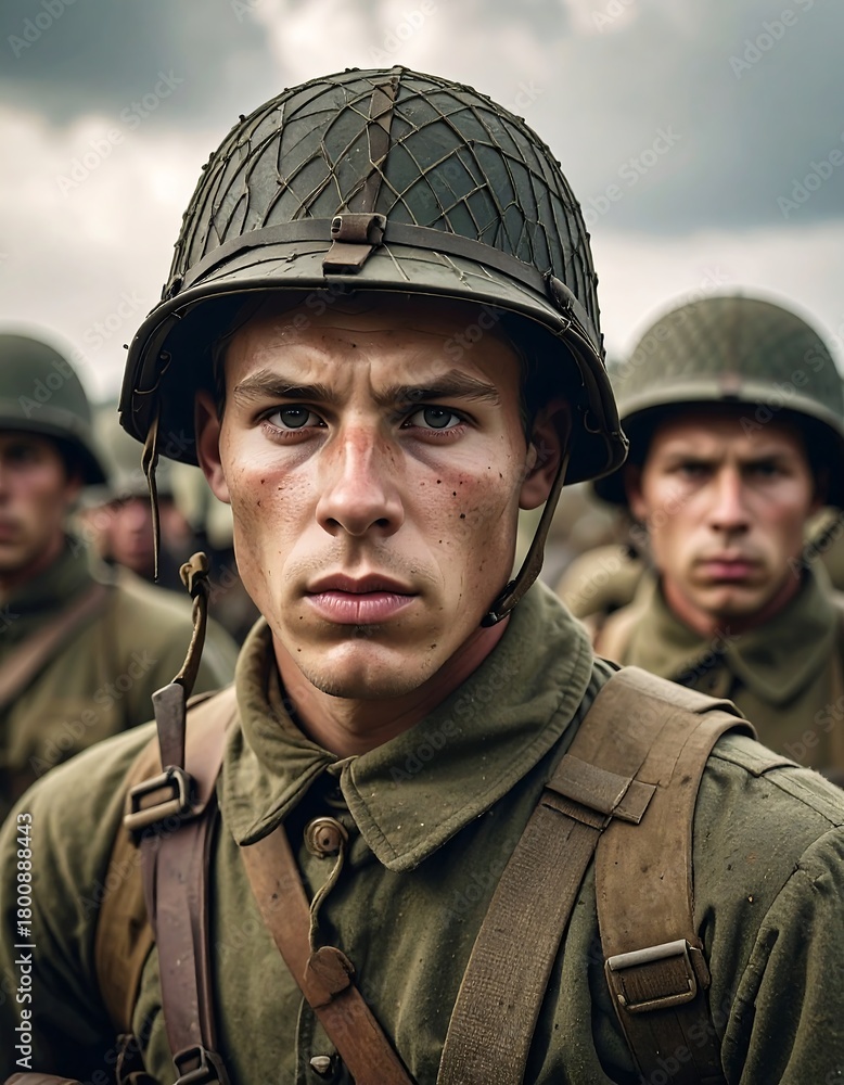 Fototapeta premium A close-up shot of a determined soldier in a military helmet and uniform, surrounded by other soldiers