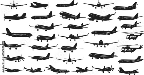 Aircraft silhouettes, airplane icons, aviation design, jet shapes, helicopter graphics, military planes, commercial aircraft, propeller planes, flight symbols, black silhouettes, aviation collection