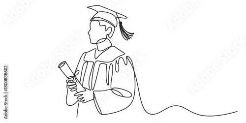 A continuous line drawing of a graduating student proudly holding a diploma, wearing a cap and gown, representing academic achievement and success.