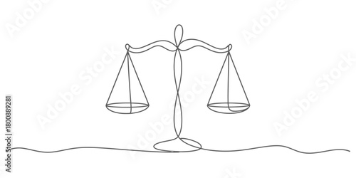 Minimalist continuous line drawing of a classic balance scale, representing justice, equality, and fairness, on a pristine white background.