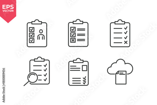 Set of line icons related to cloud storage, user profile checklist, review result, audit, registration detail.  Editable stroke. Vector illustration