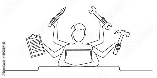 Multitasking professional concept one line drawing. person with many arms holding laptop, clipboard, pencil, wrench, and hammer icon.