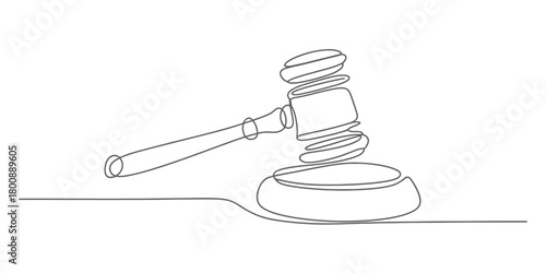 Continuous line drawing of a wooden judge's gavel and sound block, a minimalist illustration symbolizing justice, law, authority, and court decisions.