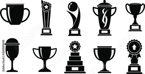 Award icons, trophy symbols, black and white, vector set, achievement graphics, recognition elements, minimal design, sports, success, honor, prize, contest, champion, monochrome, flat style