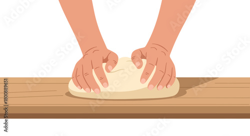 Hands kneading dough on a wooden surface, preparing for baking, creating homemade bread, a culinary activity, and food preparation