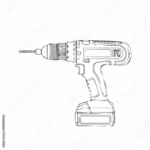 Detailed Line Art of a Cordless Power Drill.