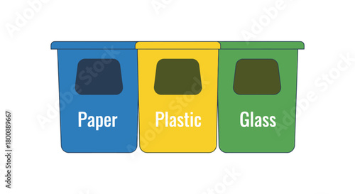 Three distinct recycling bins in blue, yellow, and green, clearly labeled for paper, plastic, and glass waste, promoting efficient material separation and environmental sustainability