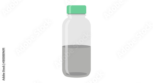 A Clear Plastic Bottle with a Green Cap, Half-Filled with a Grey Liquid, Isolated on a White Background