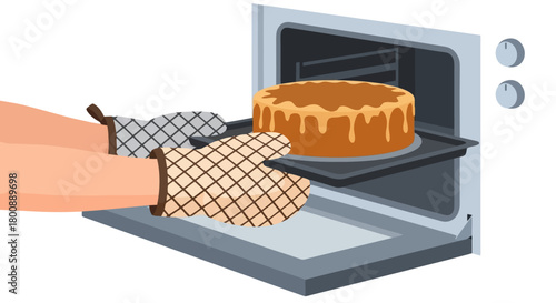 Detailed illustration of hands wearing checkered oven mitts carefully placing a round, iced cake into a kitchen oven for baking, representing home cooking and dessert preparation