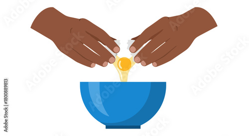 Hands cracking an egg into a blue bowl, preparing for cooking or baking a meal, culinary preparation, culinary skills, and recipe ingredients