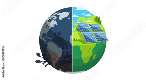 Concept of Earth's future visually contrasting a polluted industrial landscape with a sustainable green world powered by solar energy, highlighting the environmental choice for a cleaner planet