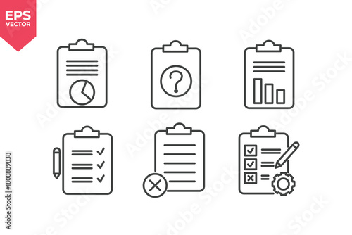 Set of line icons related to data analysis. information request, statistical report, editing checklist, list rejected, process setting. Editable stroke. Vector illustration