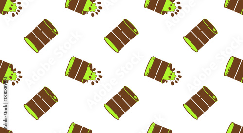 Seamless Pattern of Toxic Waste Spilling from Leaking Brown Barrels - Environmental Hazard