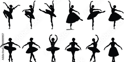 Ballet silhouettes, dance poses, classical ballet, ballerina movement, elegant posture, tutu style, graceful dancers, black figures, artistic choreography, performance art